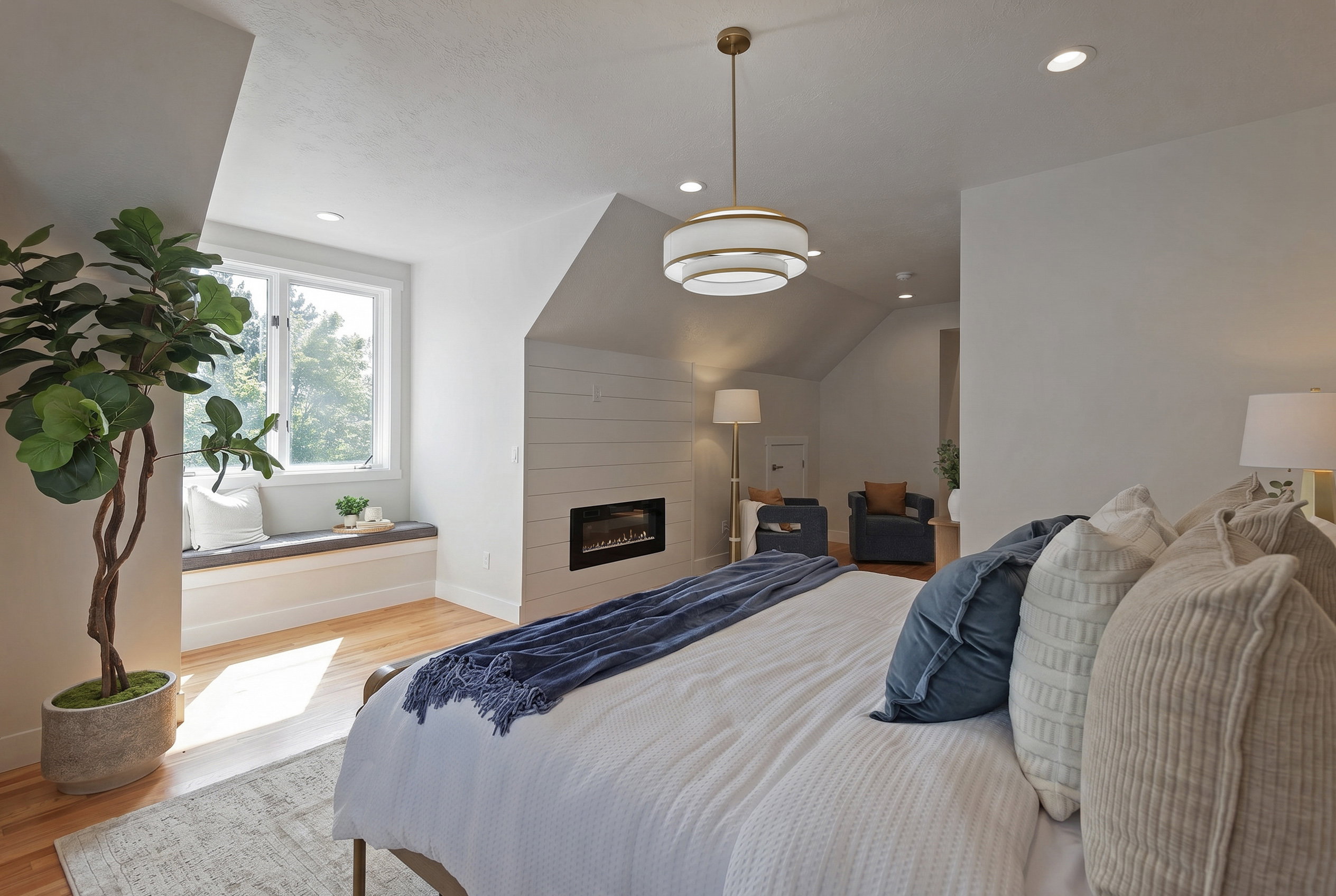 Huge primary En suite bedroom featuring vaulted ceiling, fireplace and tons of natural light.