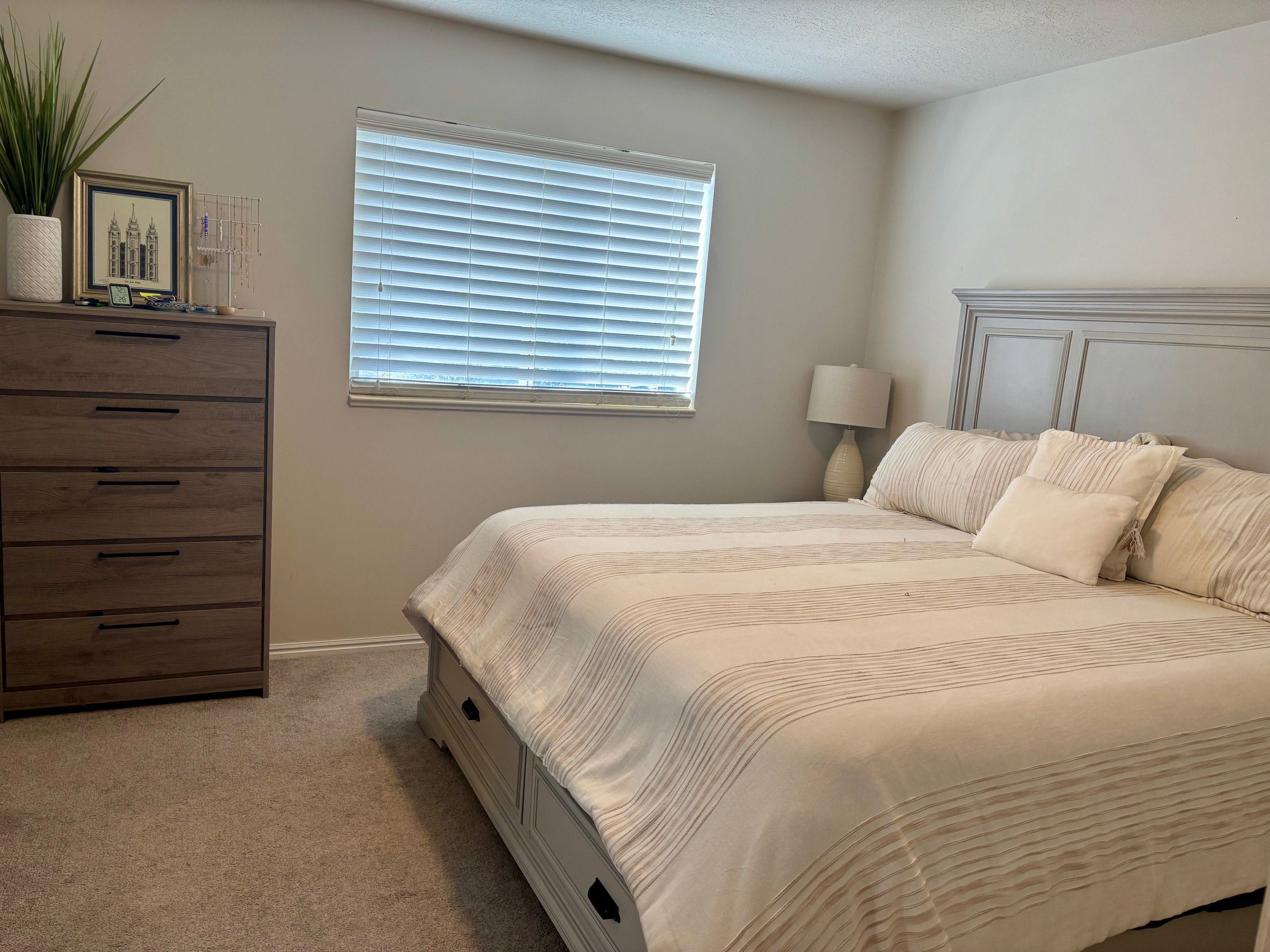 Bedroom featuring a light-toned wood-finish dresser with black pulls, a window with horizontal blinds, and carpeted flooring