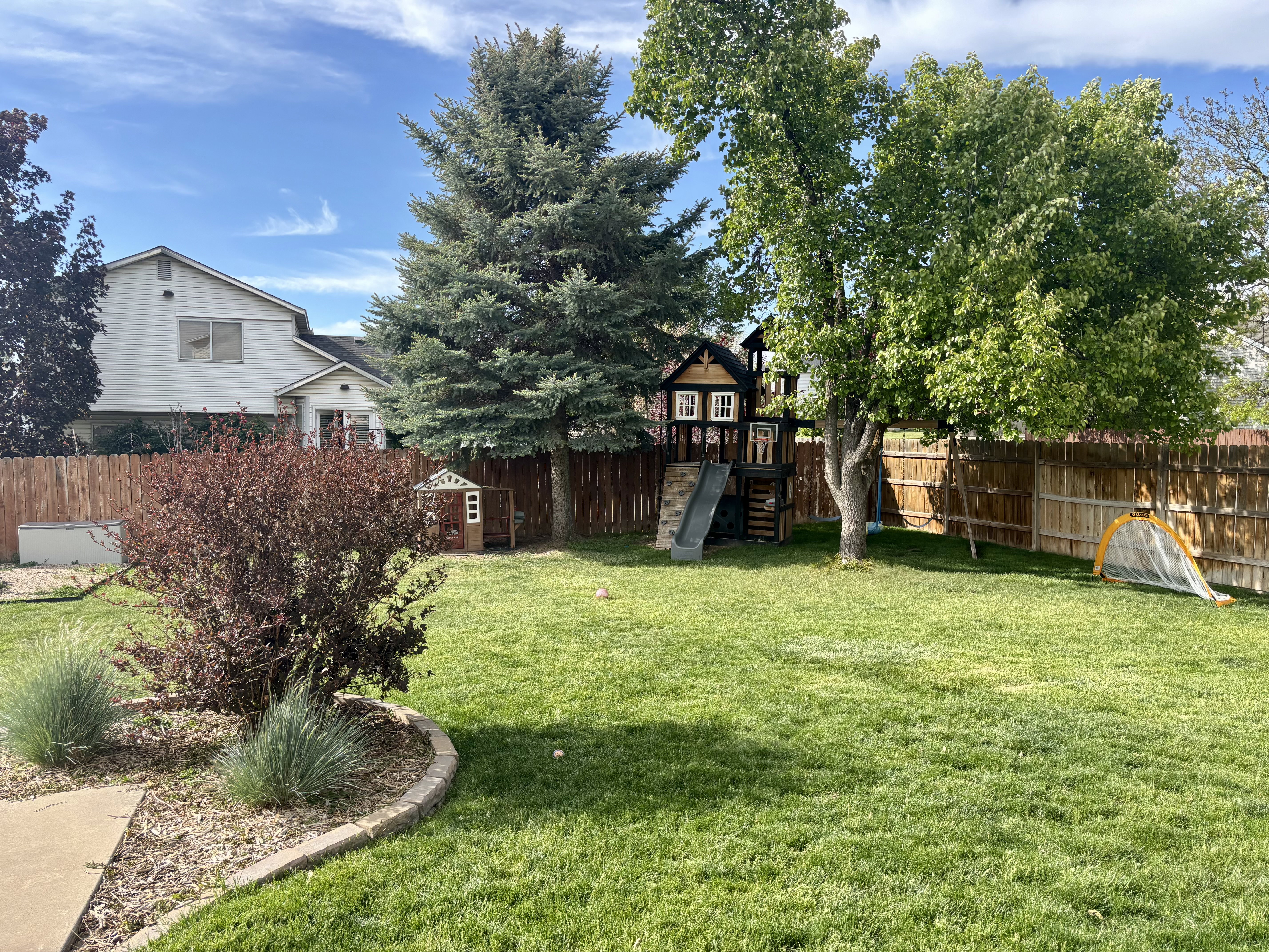 Expansive backyard featuring a lush green lawn, mature trees, and a full privacy fence