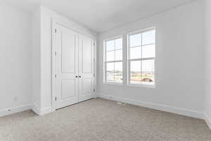 Room featuring a neutral wall color, two windows with grid patterns, and neutral-toned carpeting