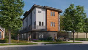 Contemporary multi-level building featuring a flat roofline, wood-finish siding, dark brick lower facade, and multiple private balconies with metal railings