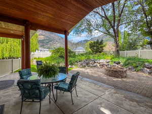 Covered patio featuring a wood-finish ceiling and support columns