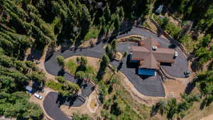 New construction residence featuring a multi-gabled roofline and extensive surrounding woodlands