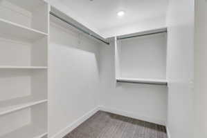 Walk-in closet featuring built-in shelving, white walls, recessed lighting, and carpet flooring