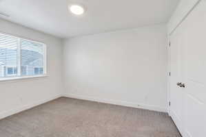 Carpeted room featuring a double-pane window with blinds, white walls, and a ceiling-mounted light fixture
