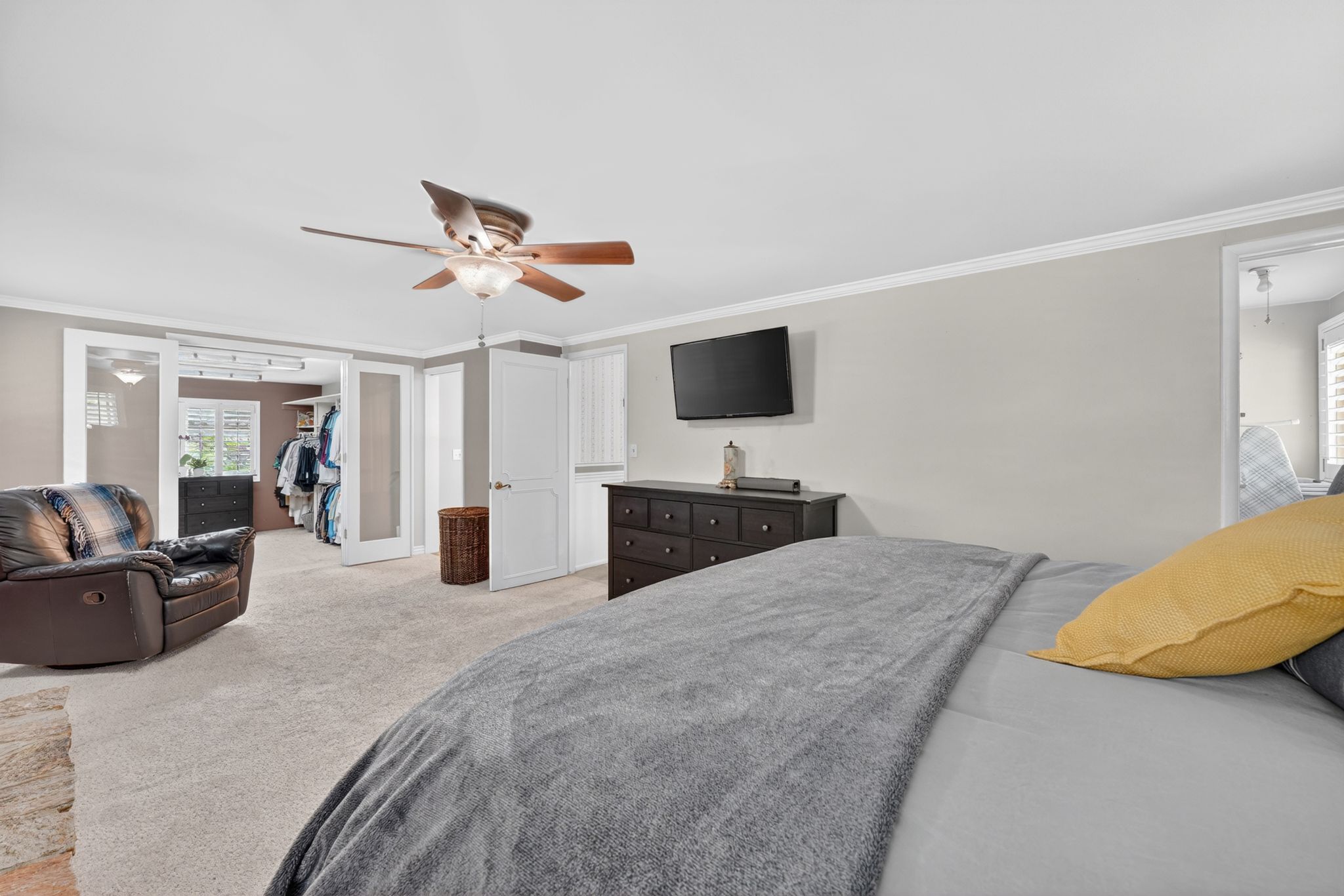 Carpeted interior space featuring a ceiling fan with integrated lighting, crown molding, and light gray wall paint