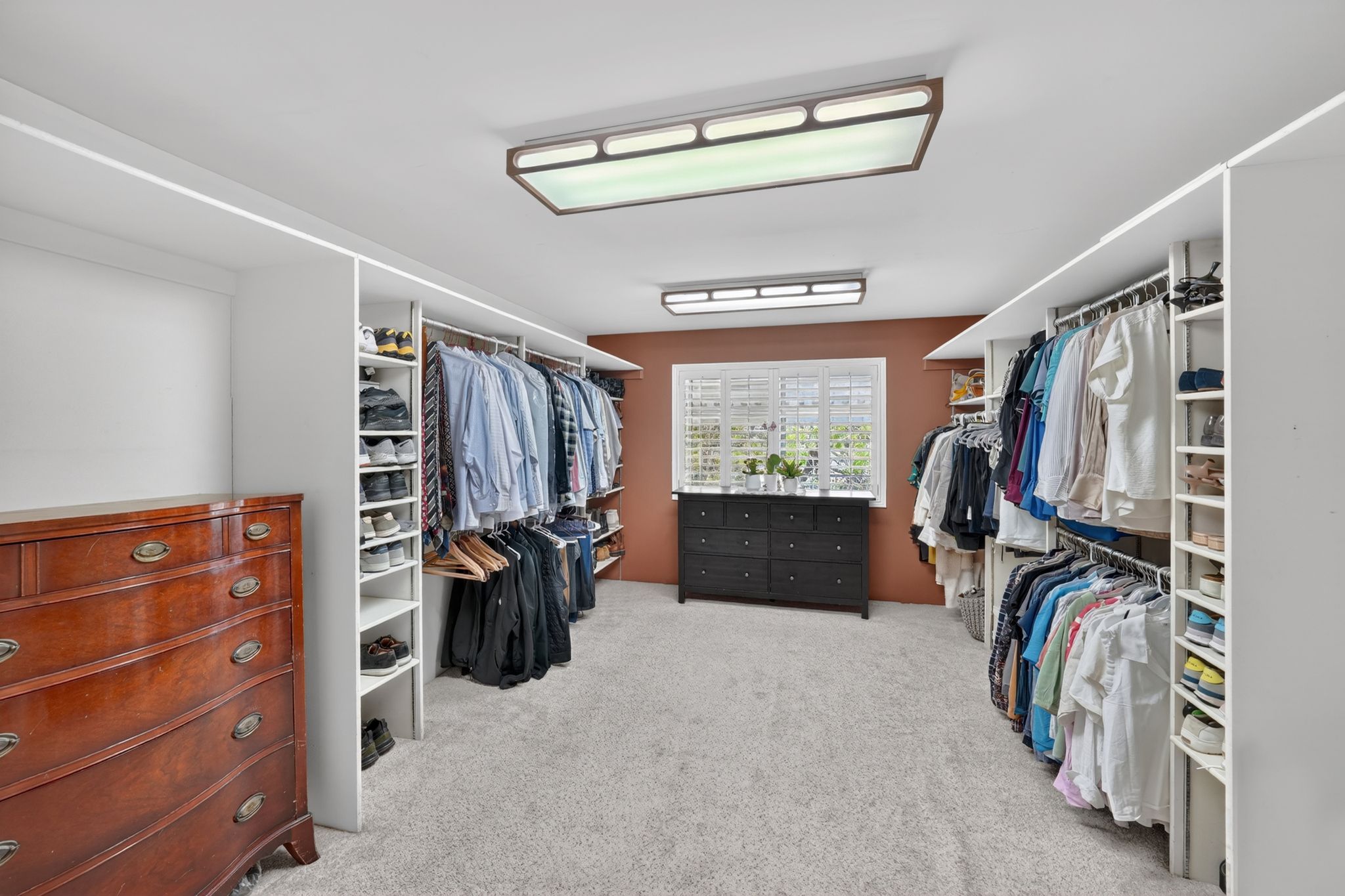 Expansive closet featuring two walls of custom built-in shelving and hanging storage, light gray carpeting, and a window with plantation shutters