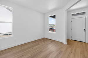 Entry area featuring wood-finish flooring, white paneled door with black hardware, and an overhead transom window