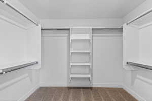 Walk-in closet featuring white built-in shelving, white walls, and a neutral-toned carpet