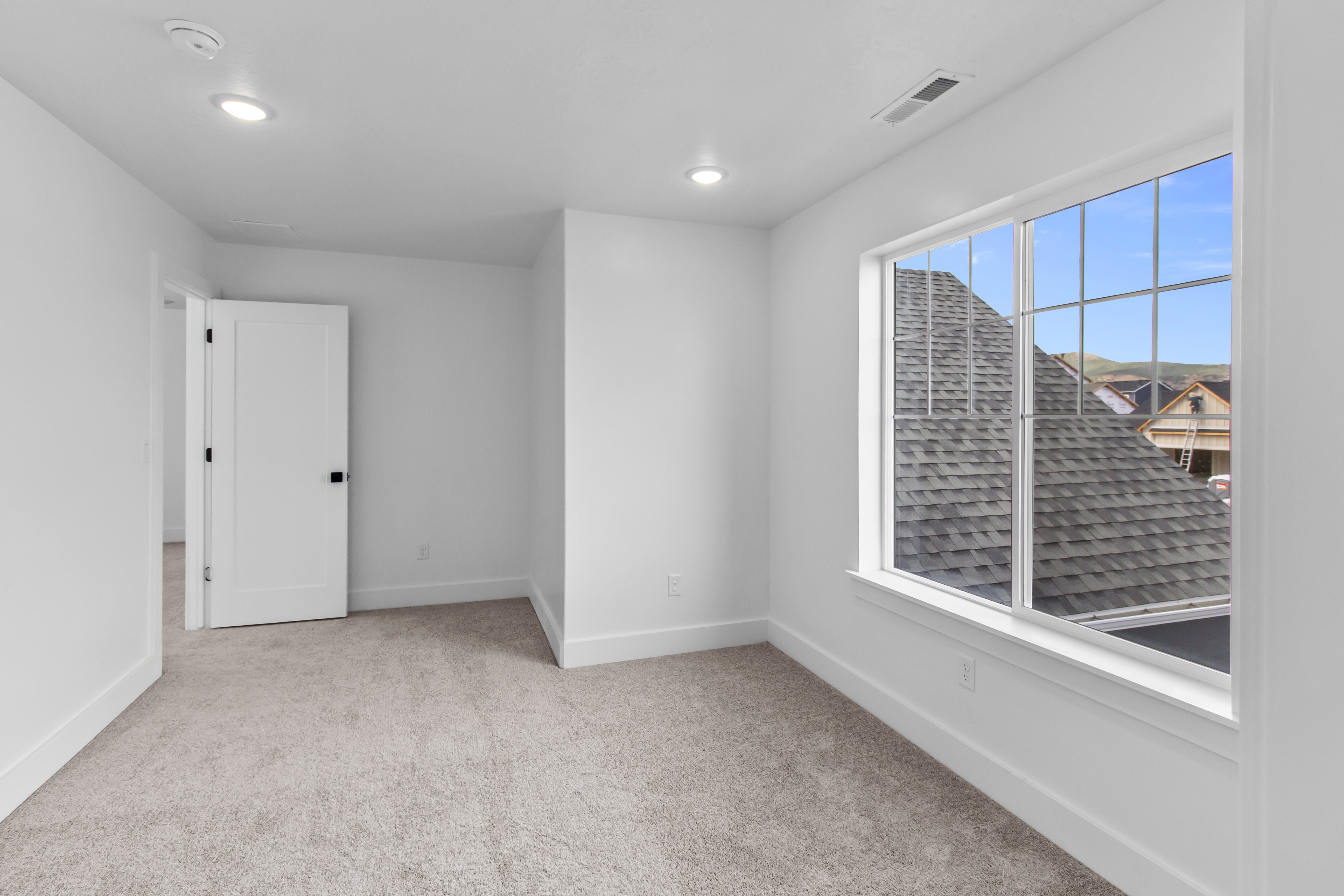 Carpeted room featuring a white interior door, a large grid window, recessed lighting, and white baseboards