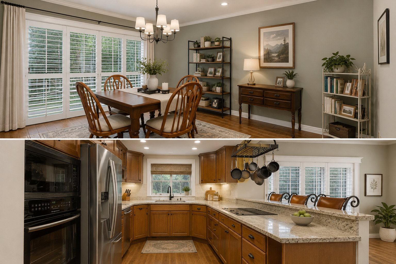 Property Interior. Virtual staging showing potential updating to interior colors and lighting.