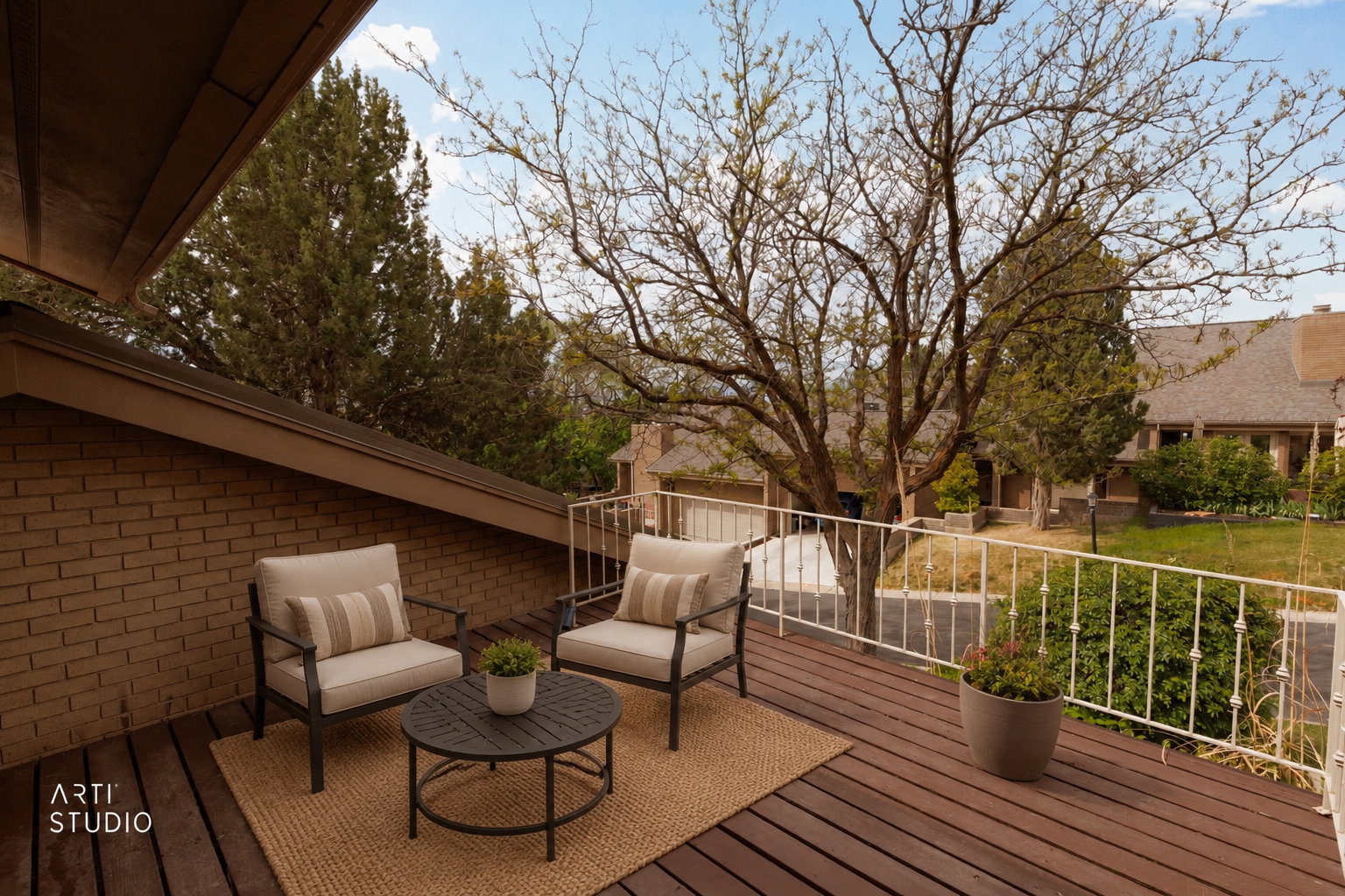 Virtually staged wood deck on main entry side of home.