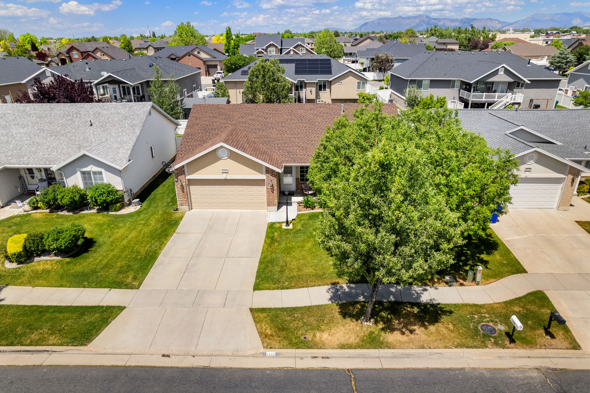 Ranch-style residence featuring a two-car garage, concrete driveway, and front lawn with mature landscaping