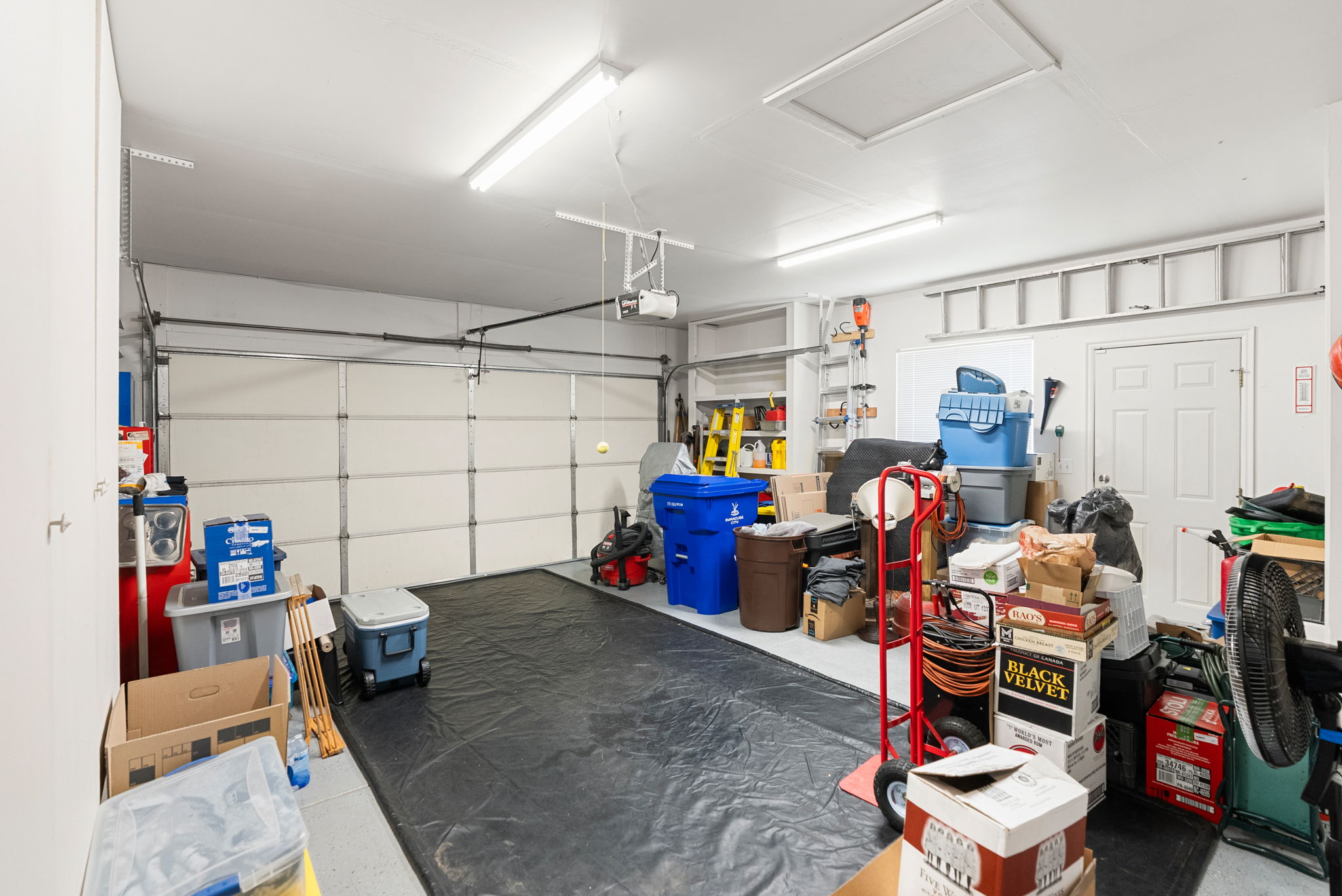 Spacious garage with overhead fluorescent lighting, a white panel garage door, and ample wall shelving