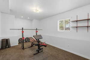 Spacious room featuring carpet flooring, recessed lighting, a single window with blinds, and built-in wall shelving