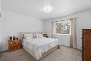 Neutral wall tones and gray carpet flooring create a versatile interior