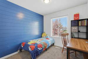 Room with a blue shiplap accent wall
