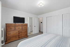 Carpeted bedroom featuring multiple white bi-fold closet doors, a white paneled door, and a flush mount ceiling light fixture