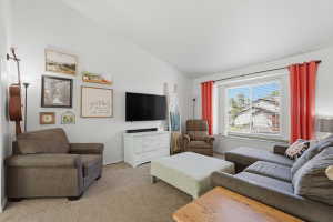Living area featuring vaulted ceilings, a large window with blinds, and neutral carpeting