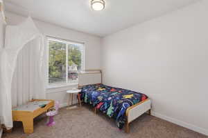 Bright room featuring a large window with blinds, neutral carpeting, white walls, and a contemporary ceiling light fixture