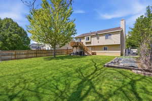 Expansive backyard with a lush lawn, mature tree, wood privacy fence, and raised garden bed