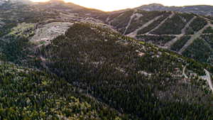Expansive forested terrain with visible ski runs on distant slopes and scattered residential structures