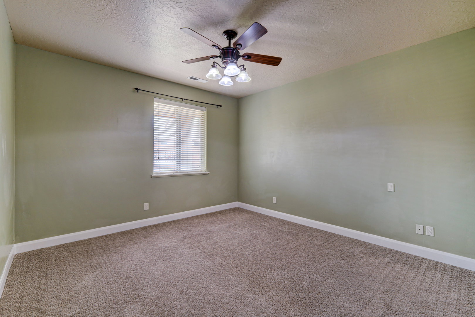 Spacious room featuring neutral carpeting, light green walls, a window with blinds, white trim, and an overhead ceiling fan with integrated lighting