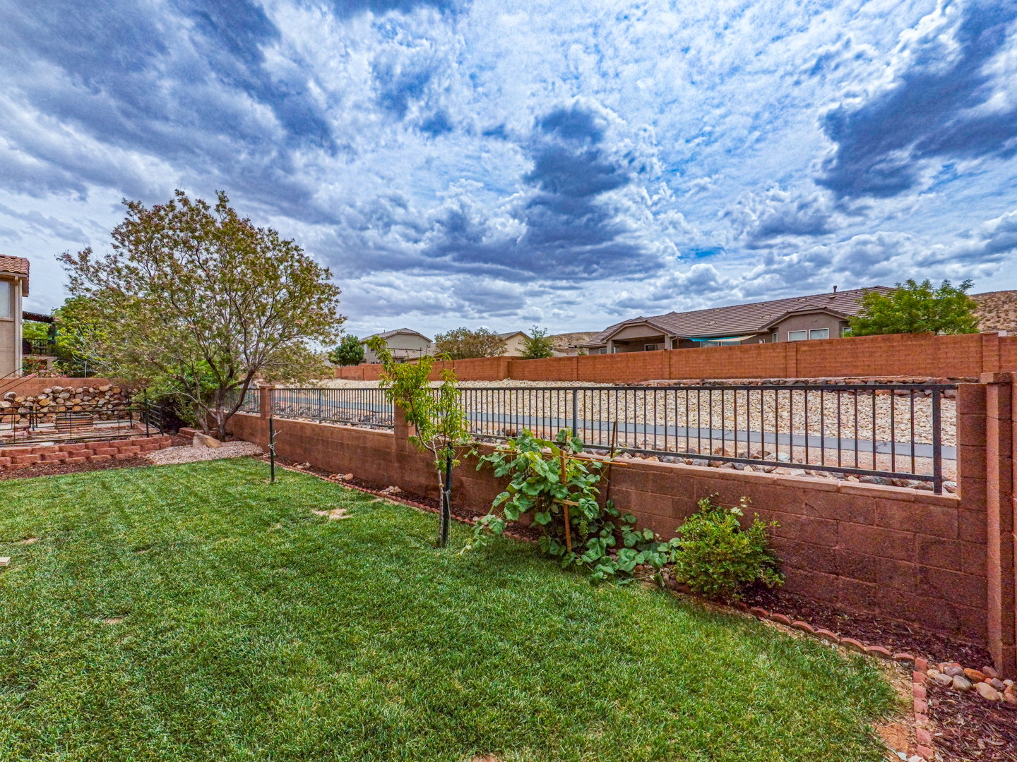 Expansive backyard featuring a manicured lawn, established tree, and a terraced retaining wall
