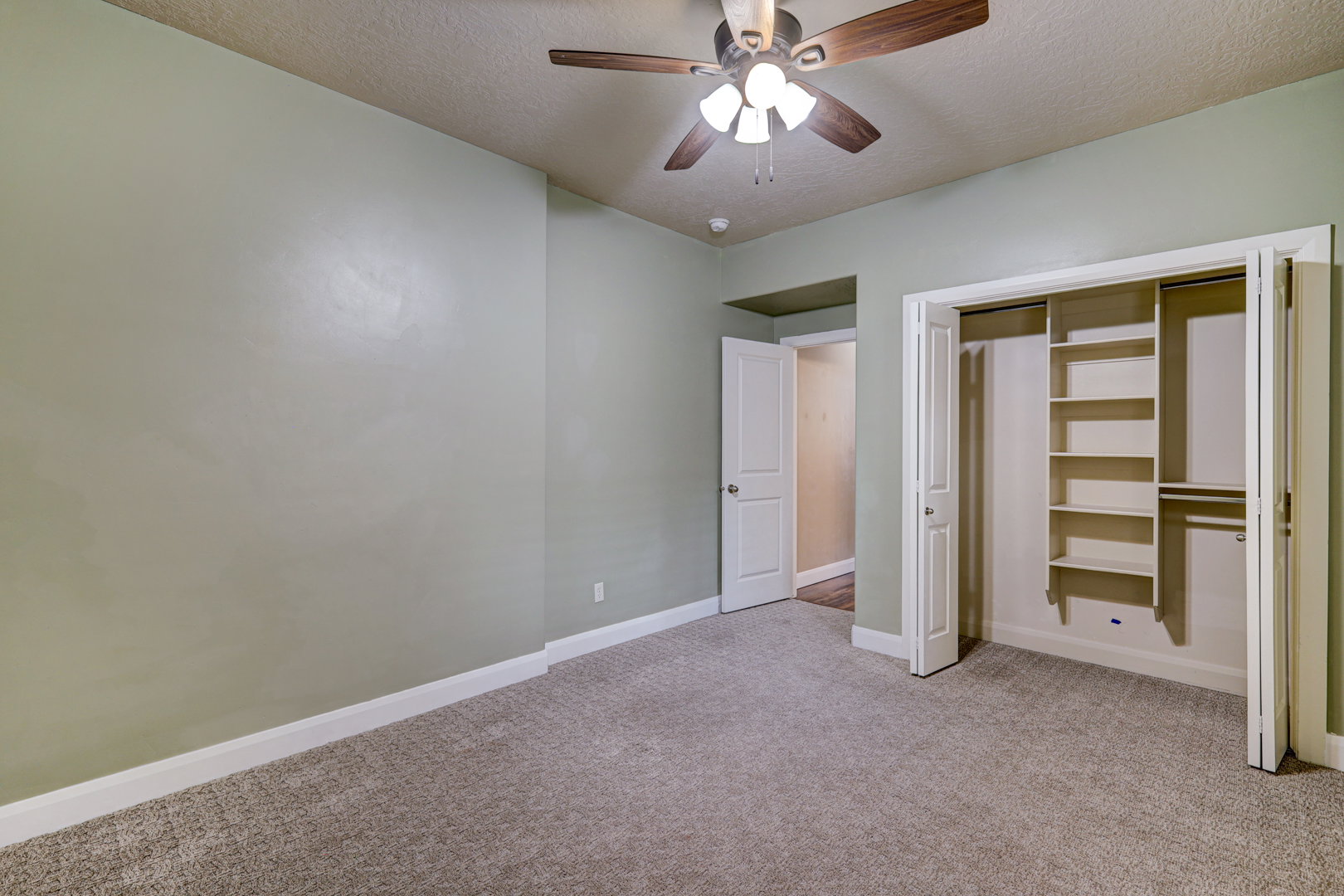 Carpeted room featuring a ceiling fan with light fixture, light green wall paint, and white trim