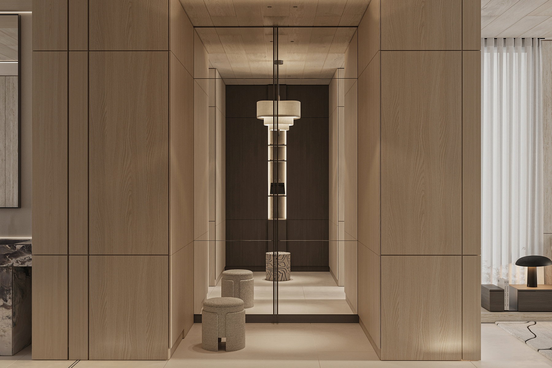 Hallway featuring extensive wood-finish paneling, integrated lighting, a full-height mirror, and a contemporary chandelier fixture