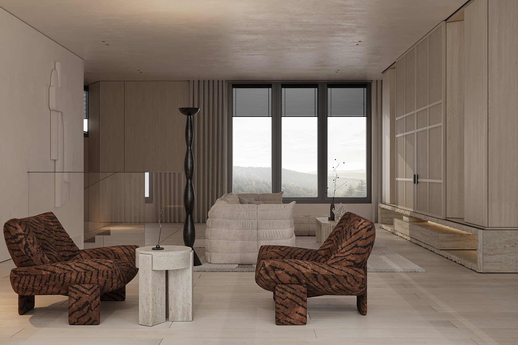 Spacious living area featuring expansive windows with mountain scenery, light wood-finish flooring, and a full-height built-in storage unit with integrated shelving
