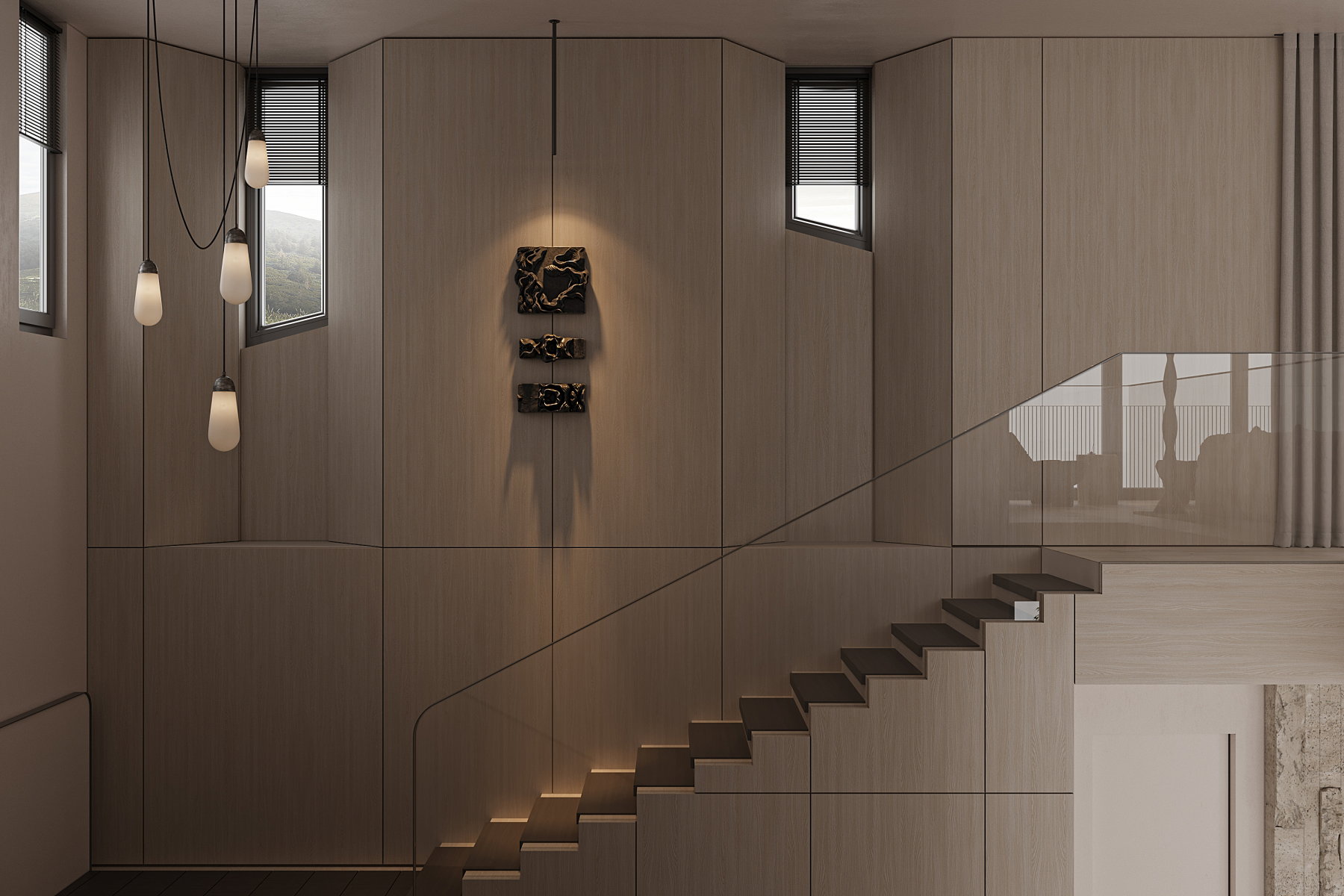 Architectural staircase featuring wood-finish paneling, minimalist glass railing, and integrated lighting