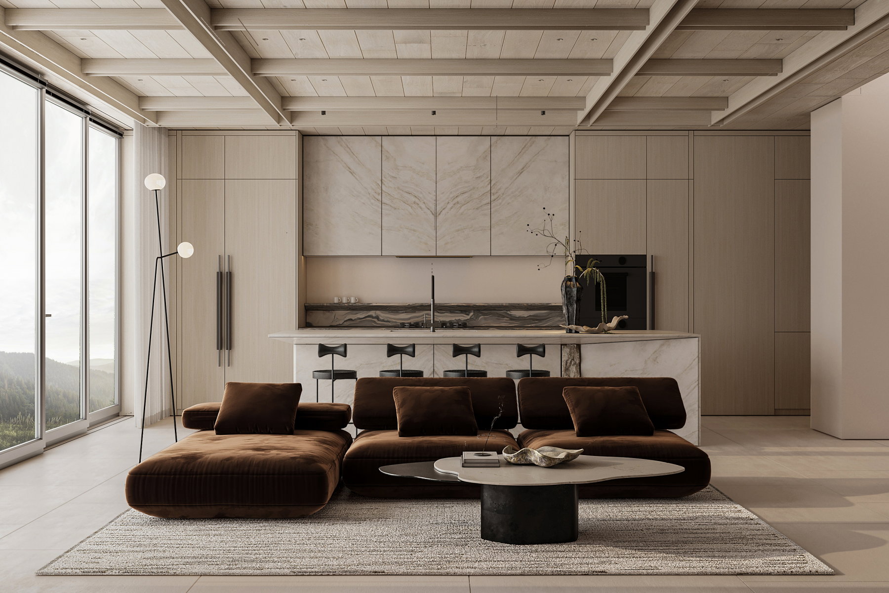 Spacious open-concept interior featuring large format floor tiles, exposed beam ceiling, full-height sliding glass doors, a kitchen island with integrated seating, and custom cabinetry with stone accents