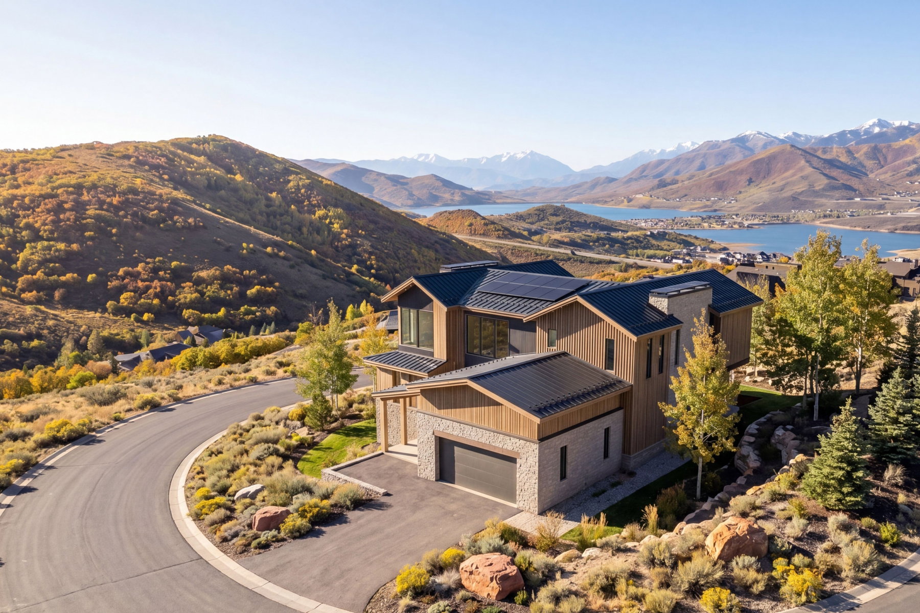 Modern mountain residence featuring a stone and wood-finish exterior