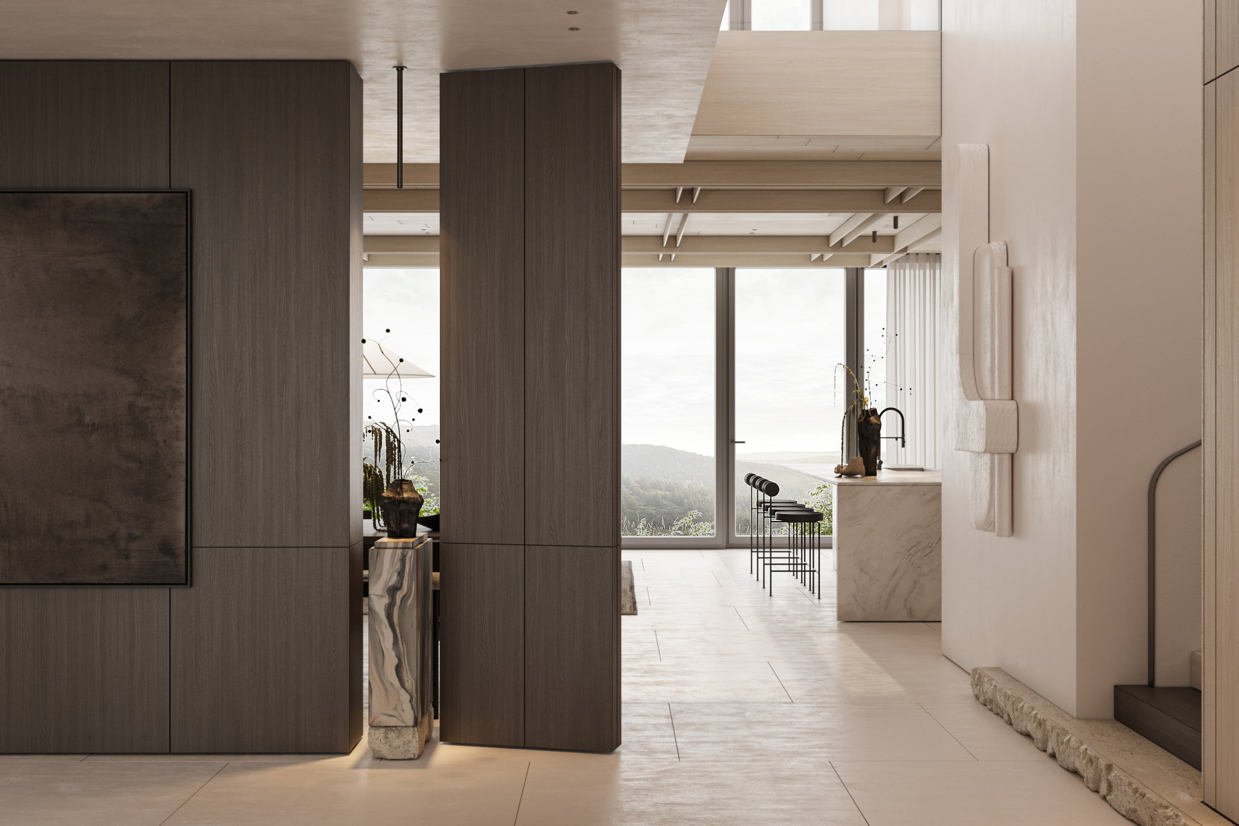 Spacious interior featuring large format floor tiling and floor-to-ceiling windows