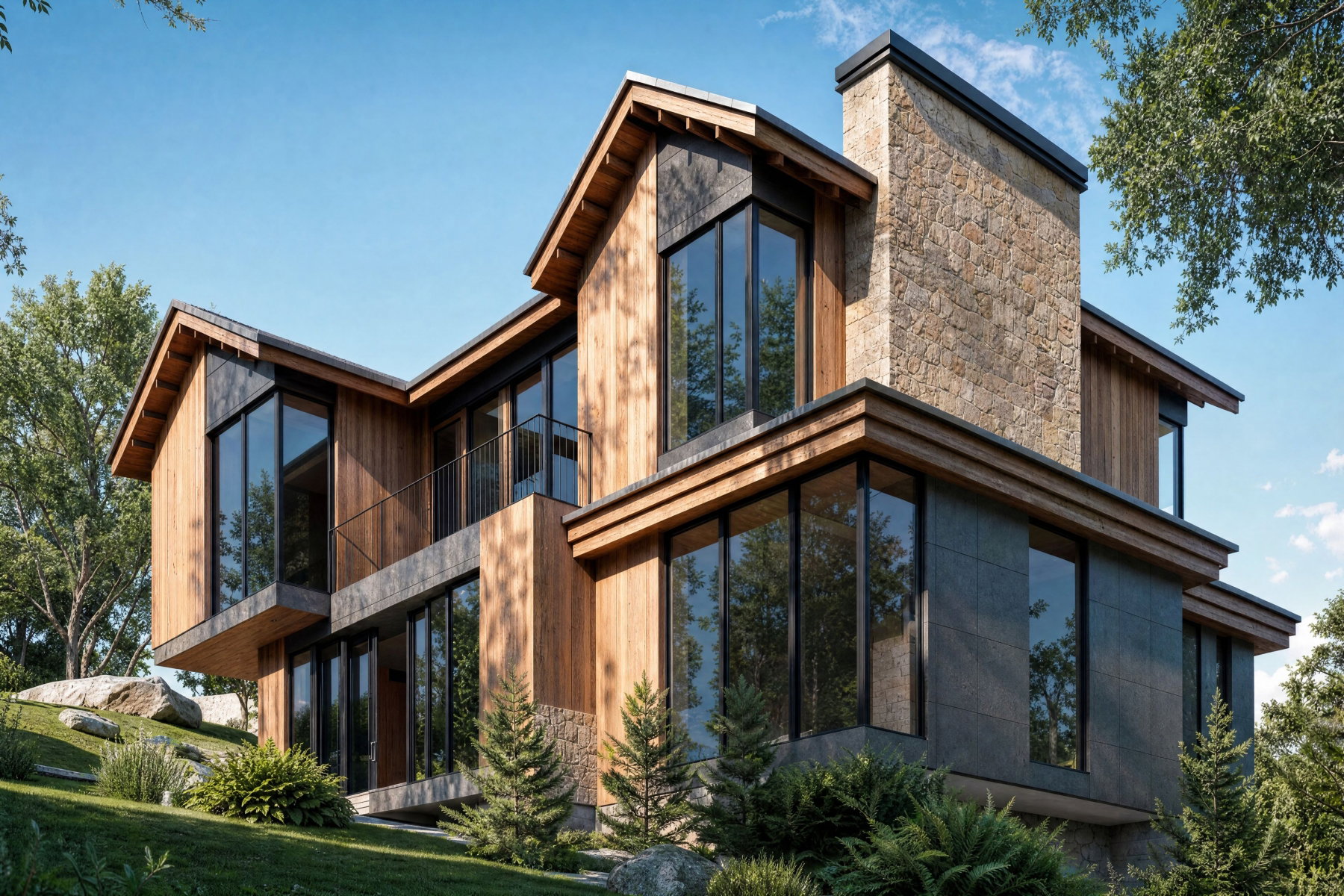 Contemporary architectural design featuring extensive wood paneling, dark stone elements, a prominent stone-clad chimney, and numerous large windows