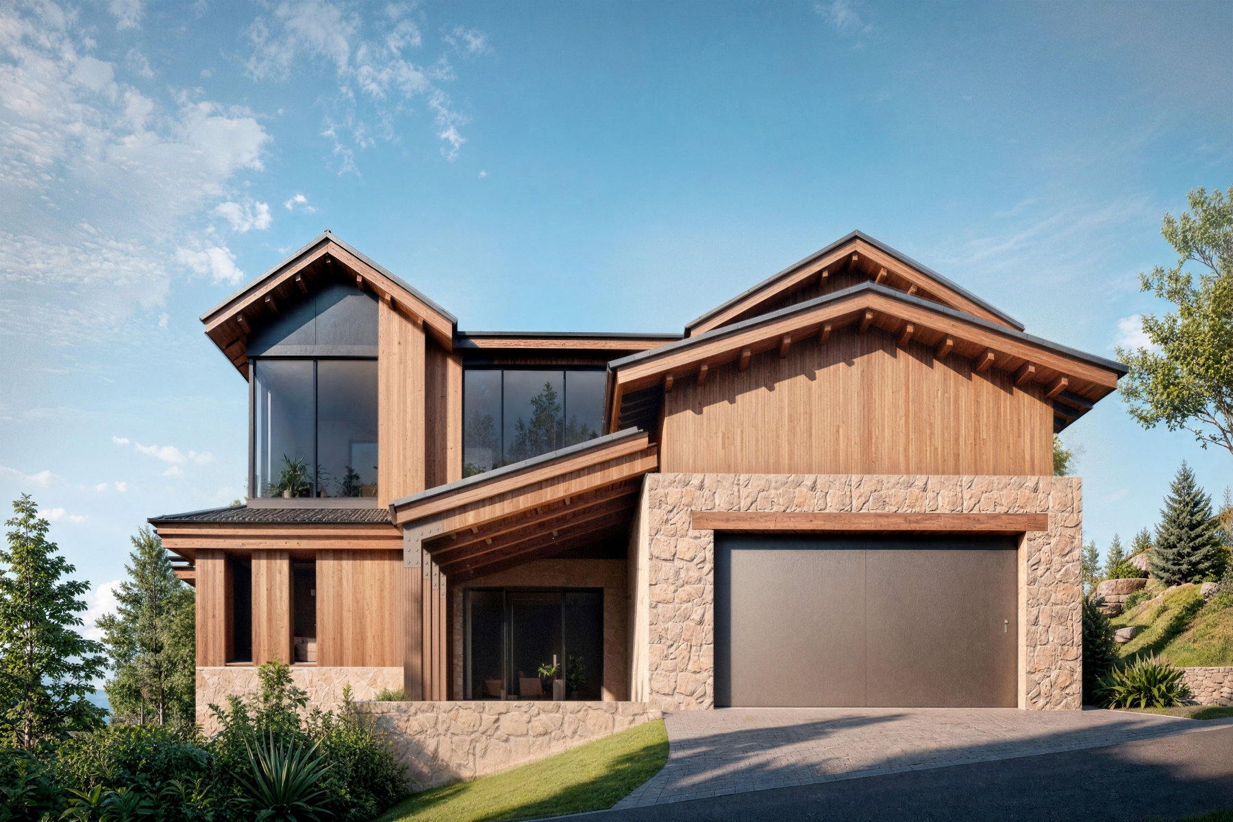 Contemporary-style residence featuring natural wood siding and stone accents