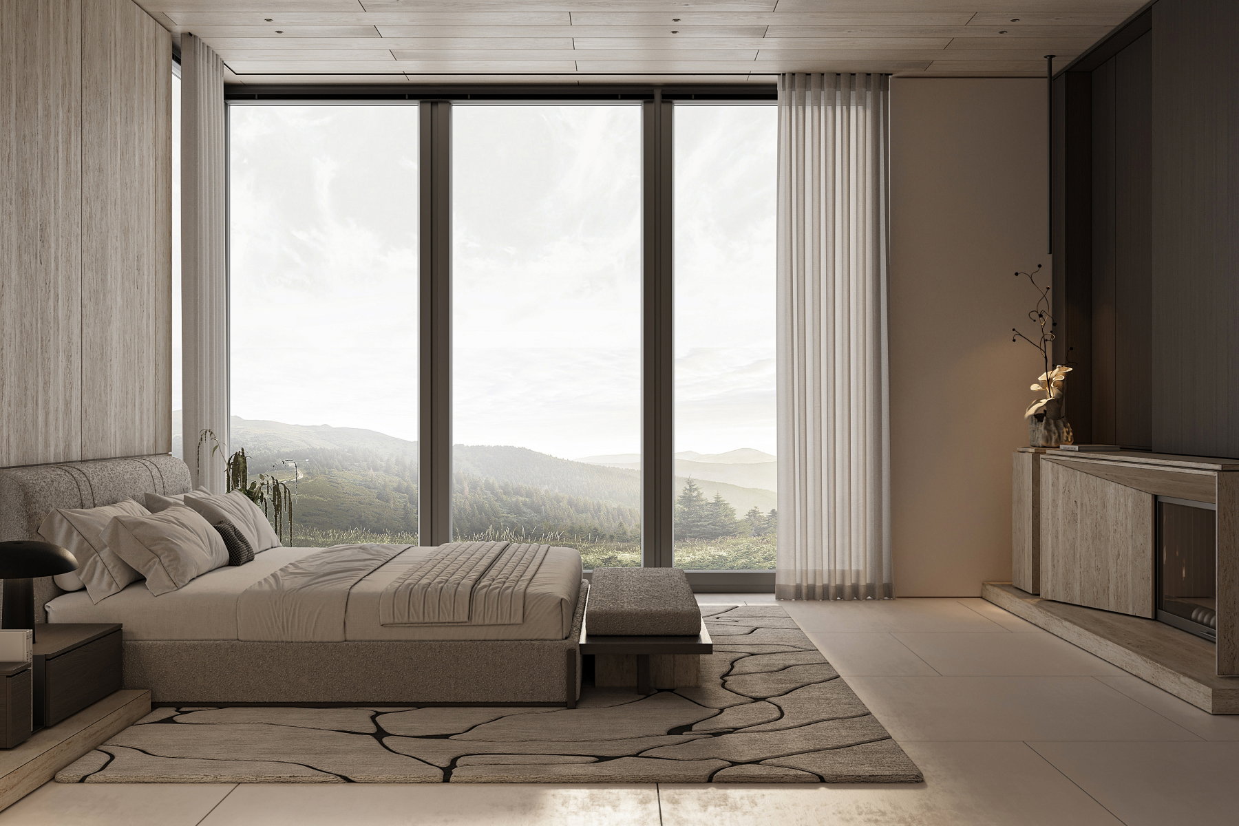 Floor-to-ceiling windows with expansive scenery, complemented by a wood-paneled ceiling, light-colored tile flooring, and integrated wall paneling