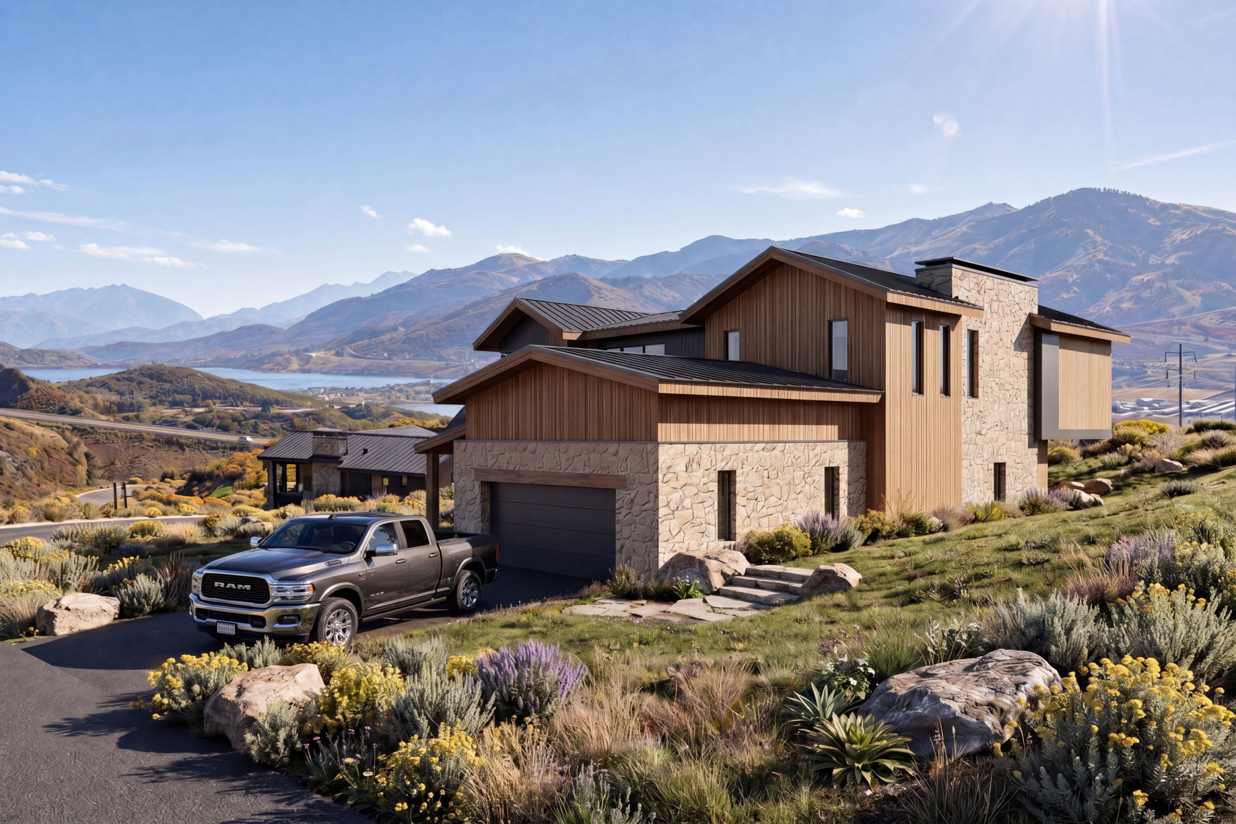 Contemporary home featuring natural wood siding and stone masonry accents