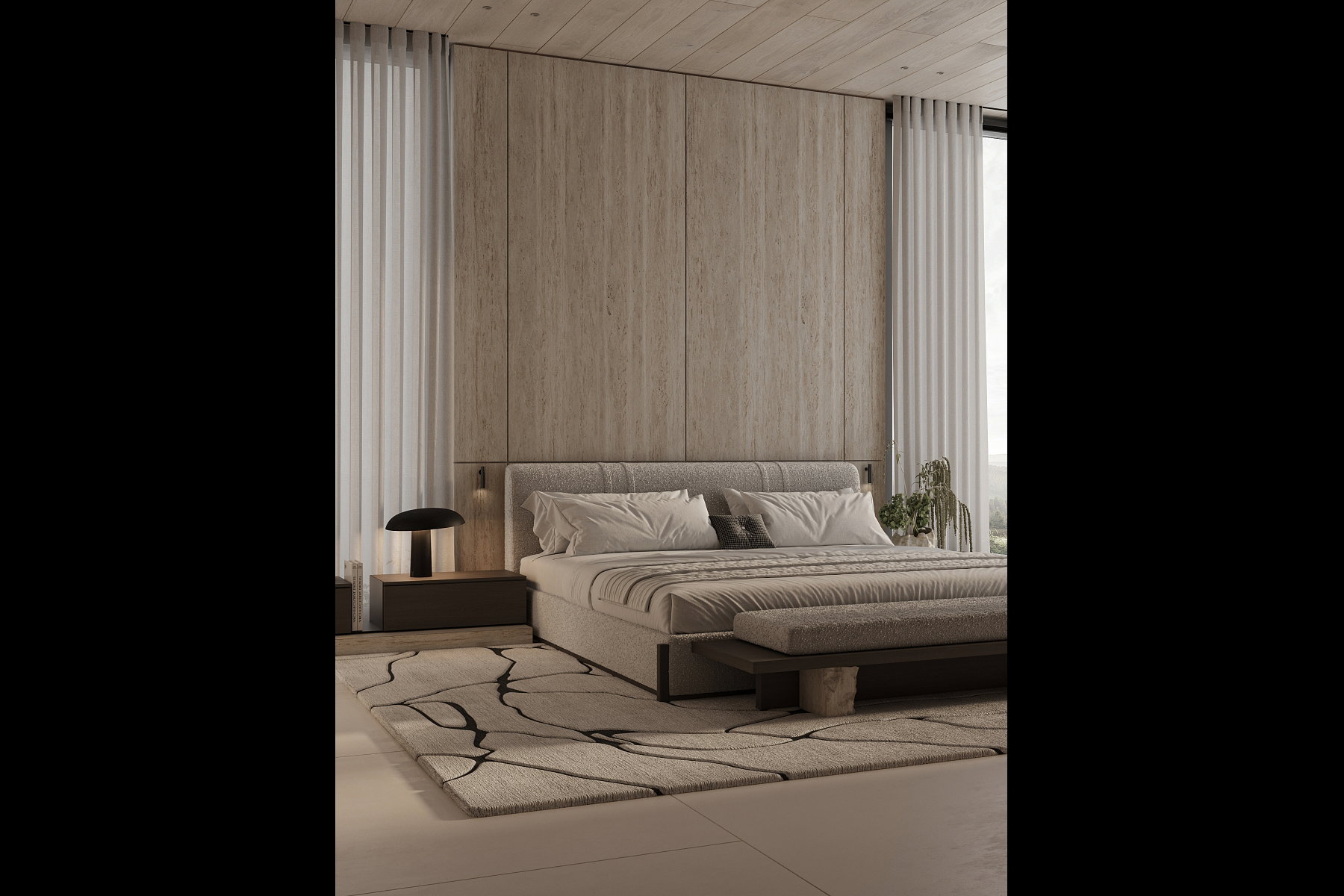 Spacious bedroom featuring light-toned wood paneling, a wood-finish ceiling, and large windows with sheer drapes