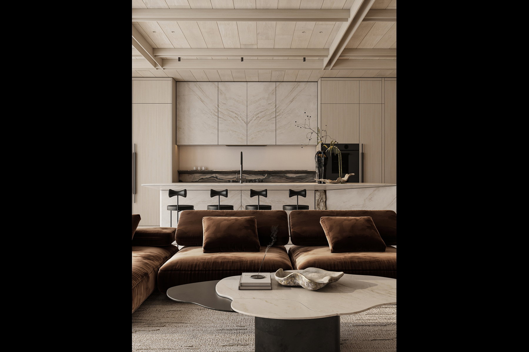 Open-concept living space featuring a wood-panel ceiling, integrated kitchen cabinetry, a large kitchen island with seating, a built-in oven, and a marble-finish backsplash