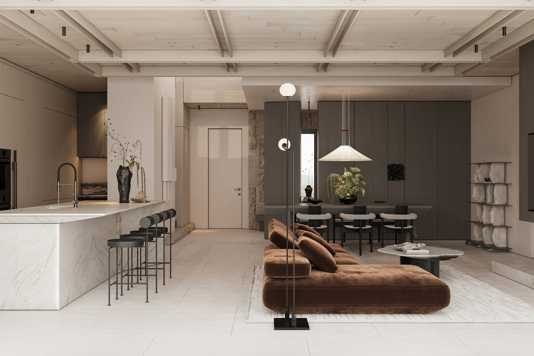 Spacious open-concept living area featuring exposed ceiling beams and light wood-finish flooring