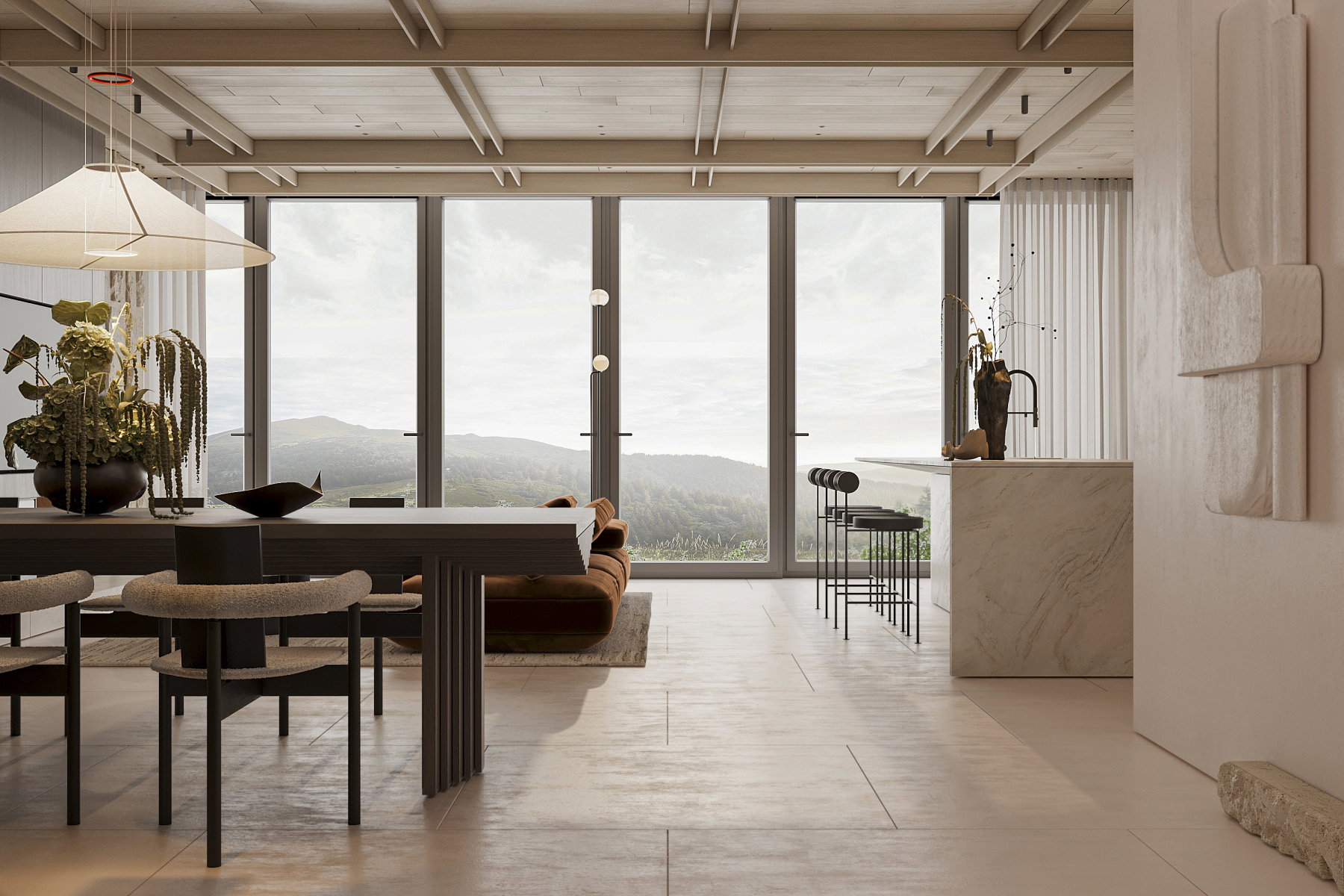 Open-concept space featuring expansive floor-to-ceiling windows, exposed beam ceiling, large format tile flooring, a substantial island with a built-in sink, and a modern dining area