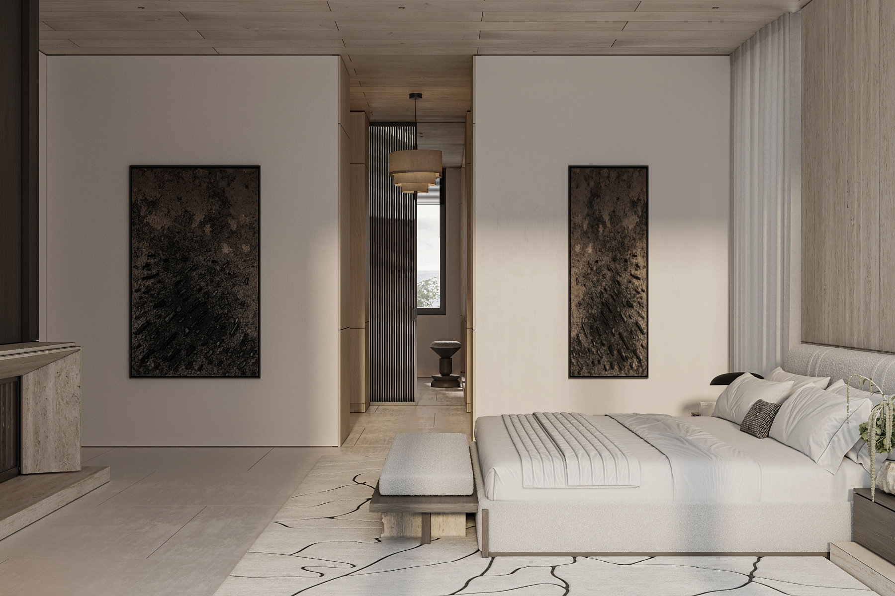 Spacious interior featuring a light wood-finish ceiling, large format tile flooring, and a stone-clad fireplace