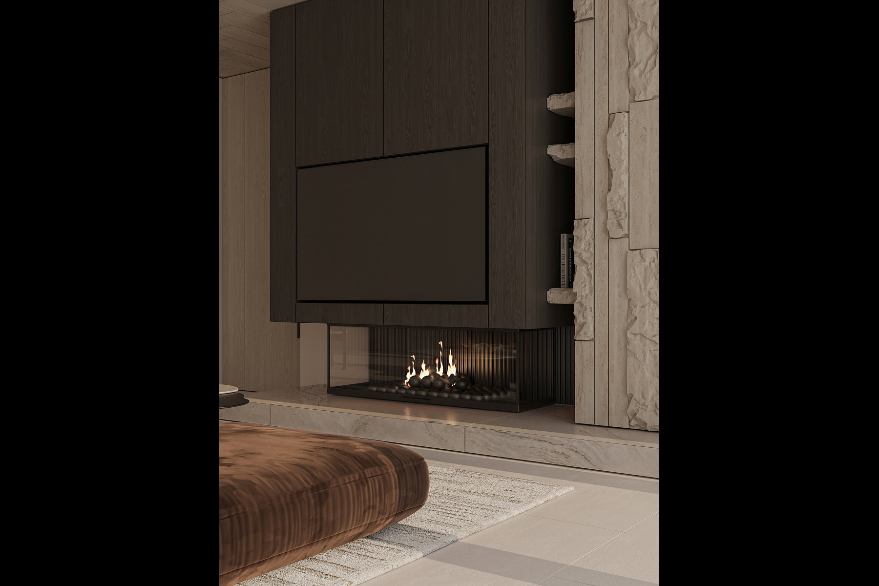 Integrated media wall featuring a recessed linear fireplace with glass enclosure, dark wood-finish paneling, and stacked stone accents