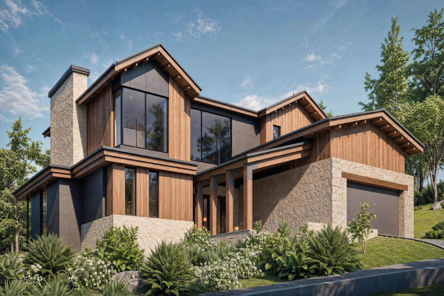 Contemporary multi-level residence showcasing extensive natural wood siding, stone veneer accents, and large picture windows