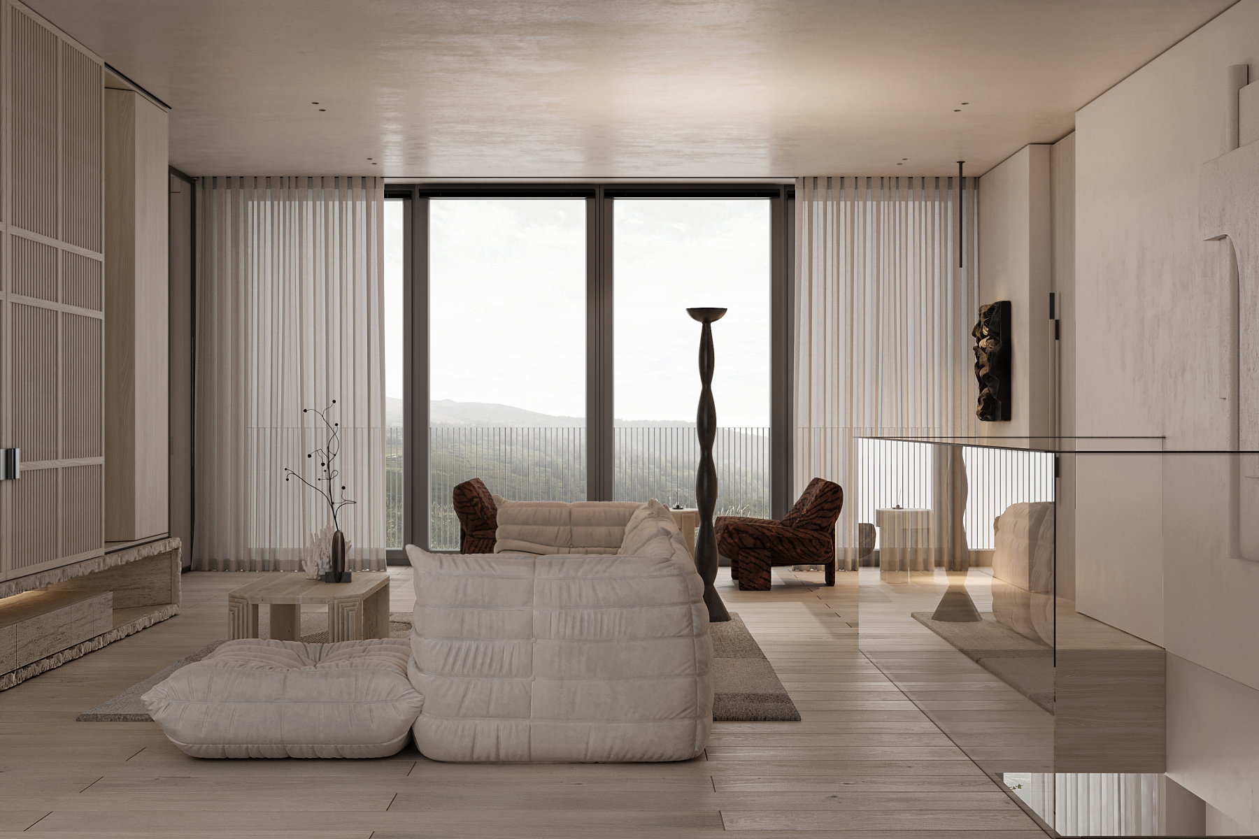 Spacious living area featuring expansive floor-to-ceiling windows, light wood-finish flooring, and a glass railing