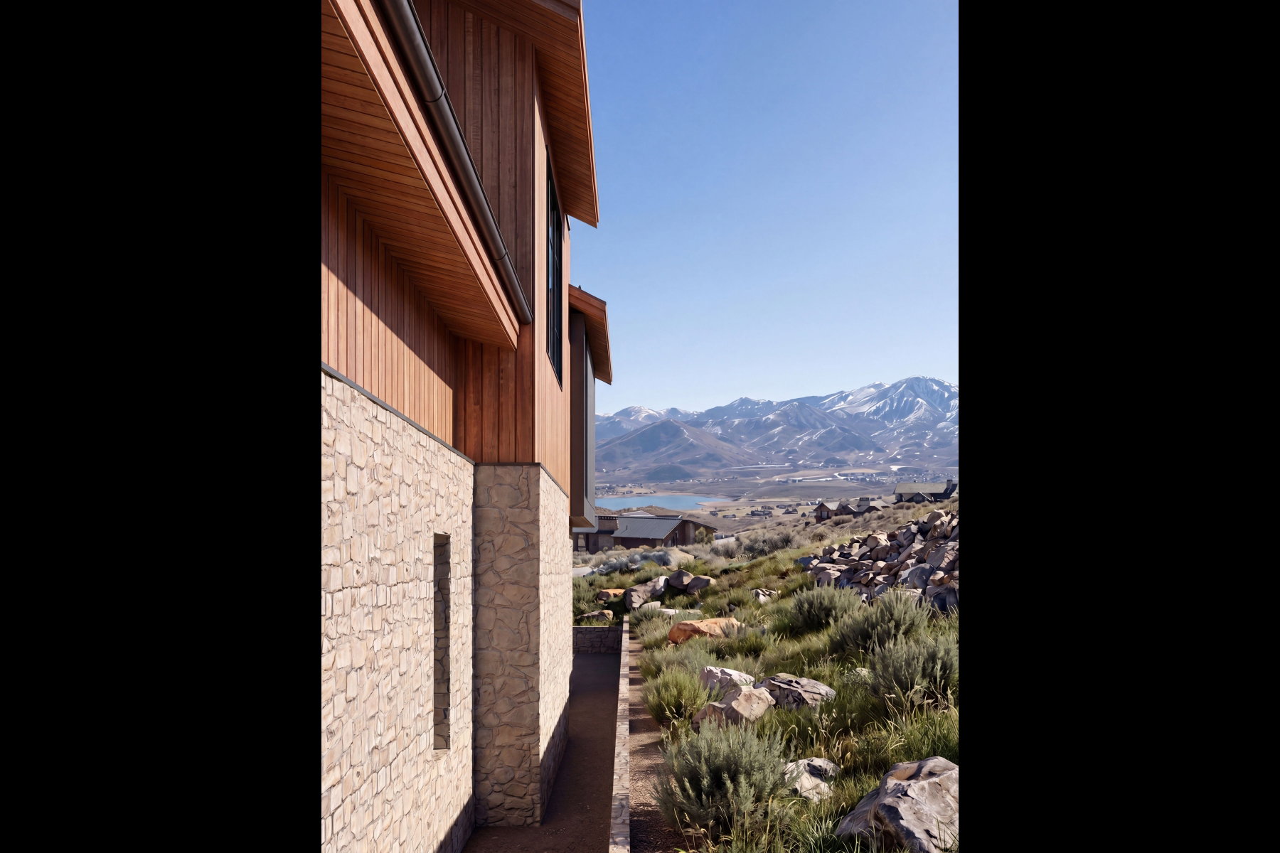 Exterior facade featuring stone veneer and vertical wood siding
