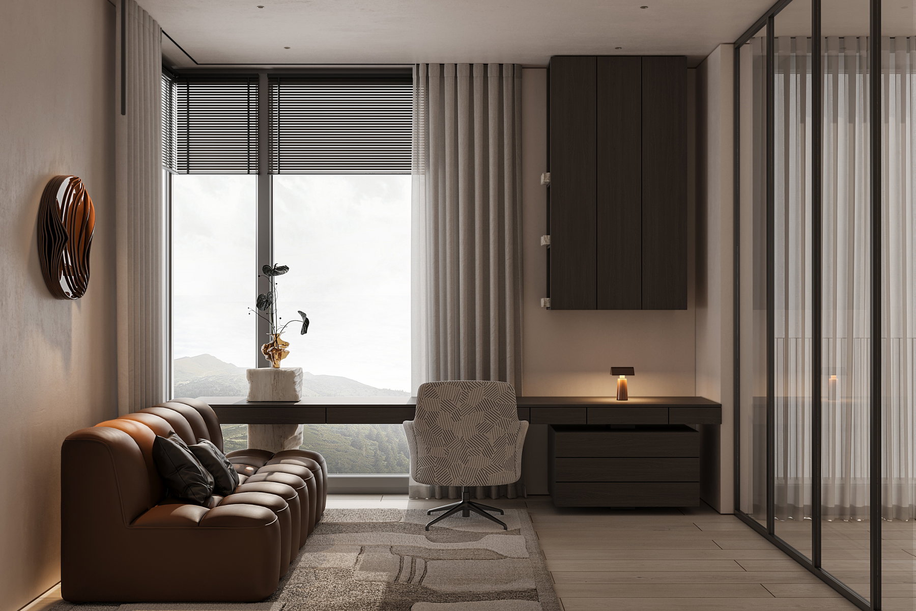 Floor-to-ceiling window with horizontal blinds and drapery