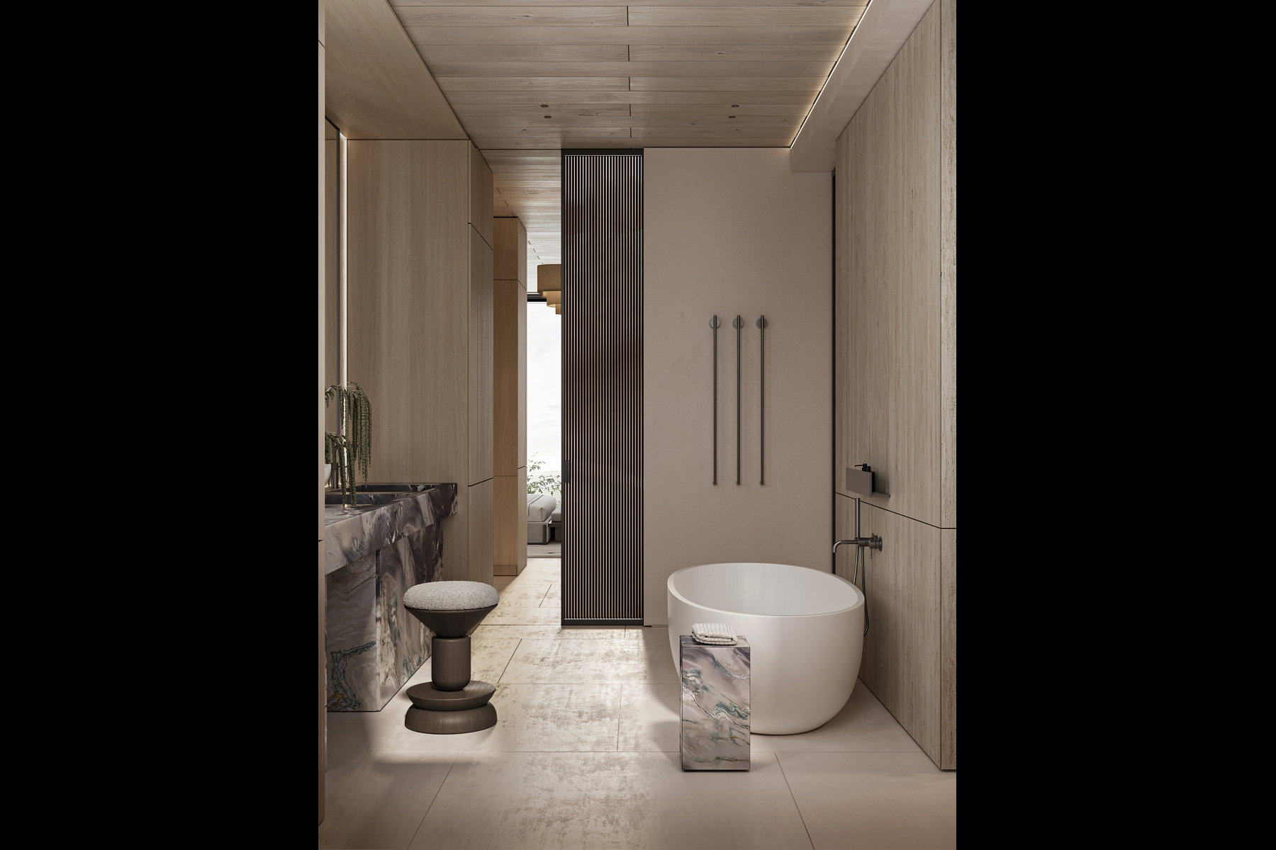 Modern bathroom featuring a freestanding soaking tub, floor-mounted tub filler, and integrated wall paneling